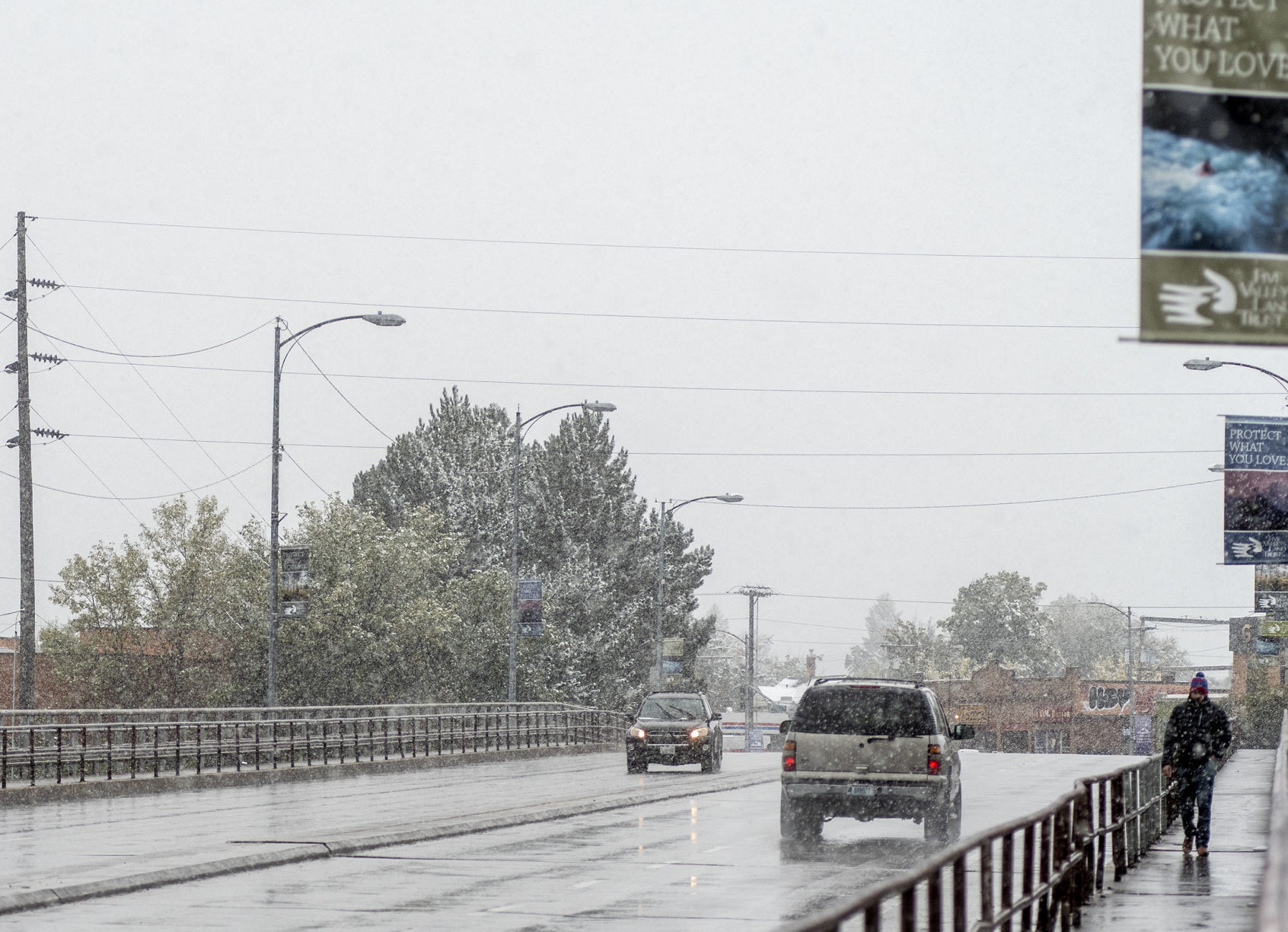 Higgins Street bridge under snowfall